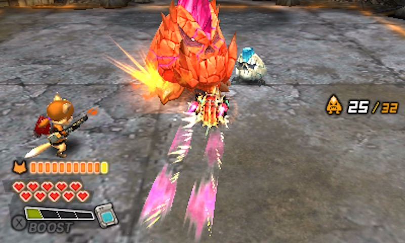 Dillon using his rolling attack against Grocks while a Mii shoots a rifle for an assist.